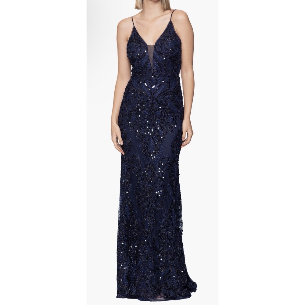 Betsy And Adam Illusion Sequin Column Gown Navy Size 14
